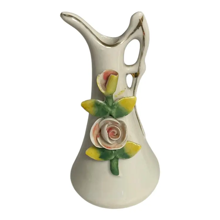 Vintage Ceramic Mid Century Floral Pitcher Vase 3.5” – Hand-Painted Roses, Gold Trim, Italian Style