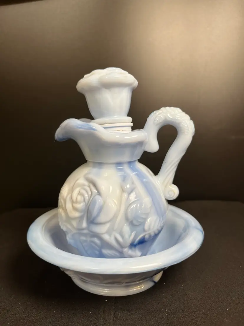 Avon-1978-Light Blue Slag w/ Embossed Rose Design Glass Small Pitcher w/ Bowl-Lot 56