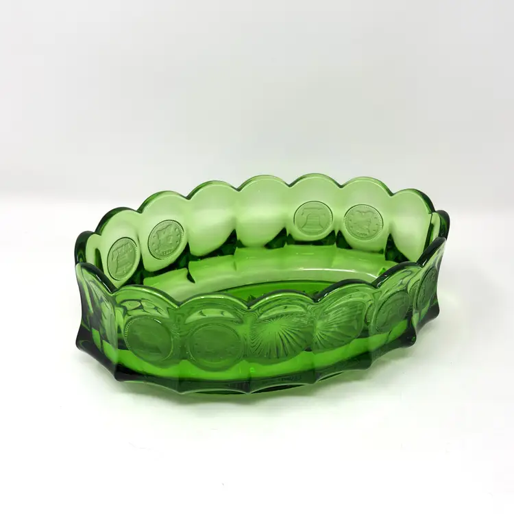 Emerald Green Coin Glass Oval Bowl – Fostoria Style Pressed Glass Dish – Vintage 1960s Serveware  (0318-25)
