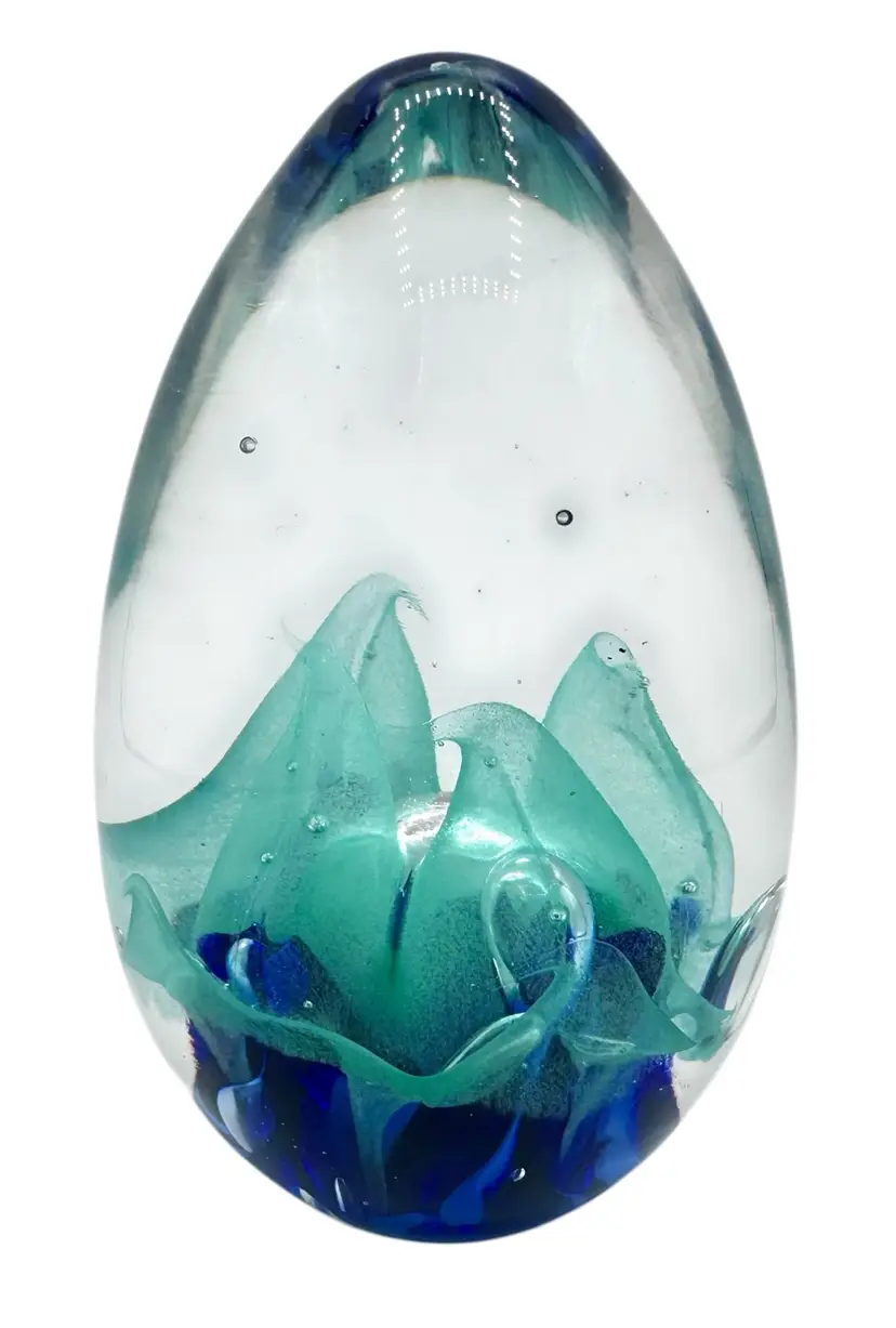 Signed Roger Vines Vintage Art Glass Paperweight MSH Ash Egg Shaped Aqua Blue