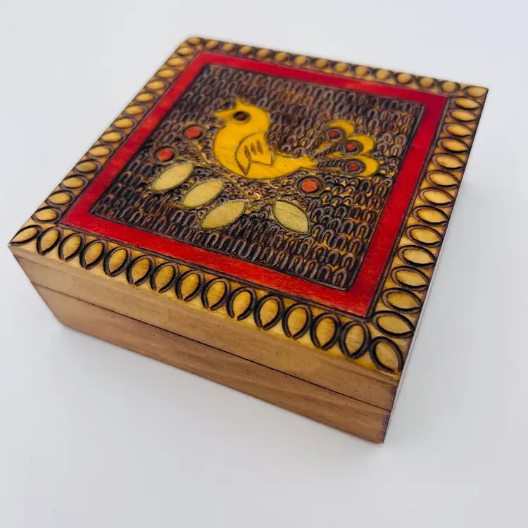 Vintage Pier 1 Hand Carved Wood Bird Design Trinket Box with Hinged Lid Made In Poland  4" X 4" X 1 1/2"
