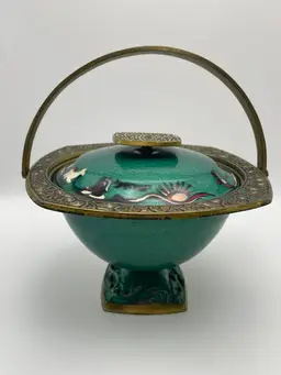 Vtg MCM Judaica Enamel Painted Brass Candy Dish Bowl W/ Lid & Handle Israel