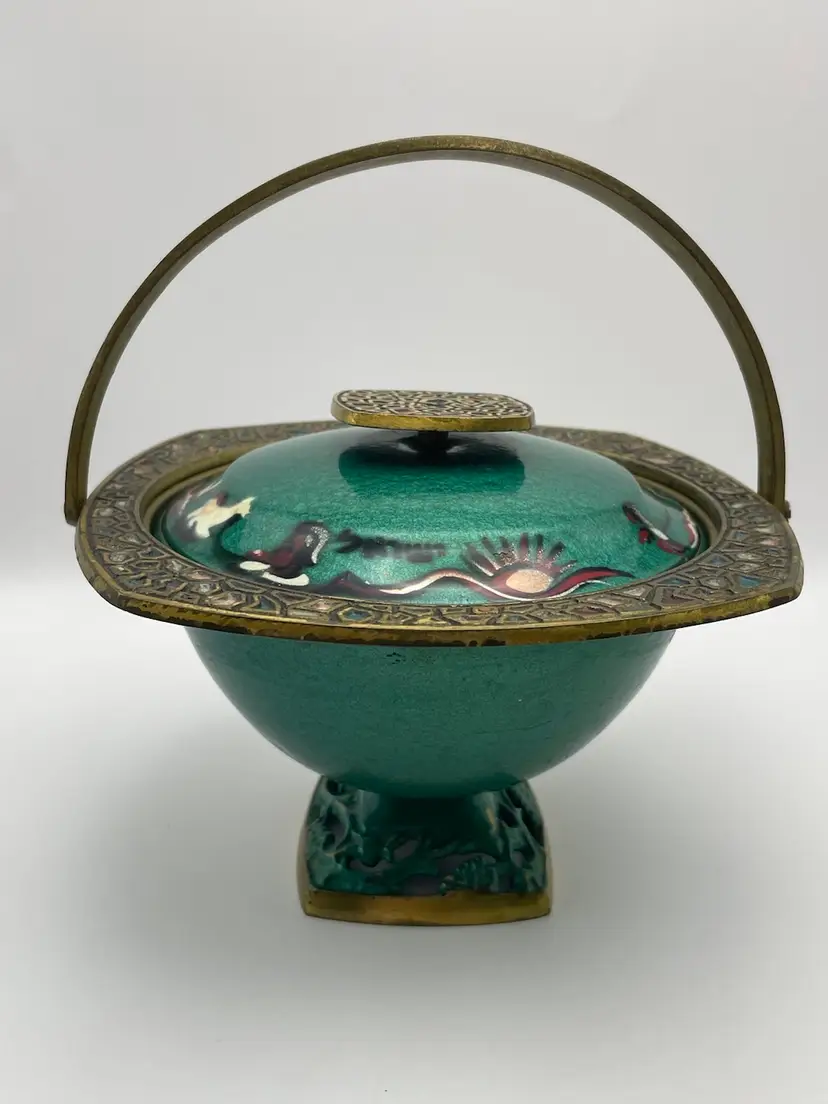 Vtg MCM Judaica Enamel Painted Brass Candy Dish Bowl W/ Lid & Handle Israel