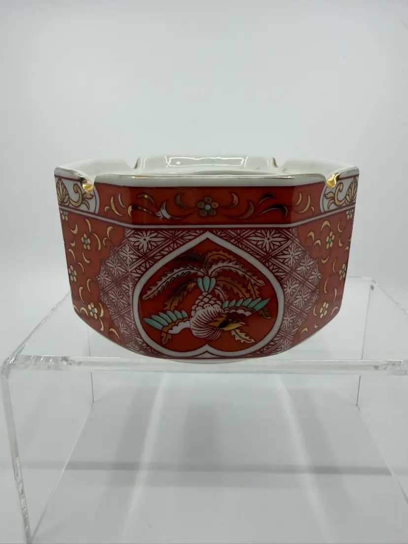 Vintage Asian Japanese Orange And Gold Ashtray Marked Bird & Floral Design