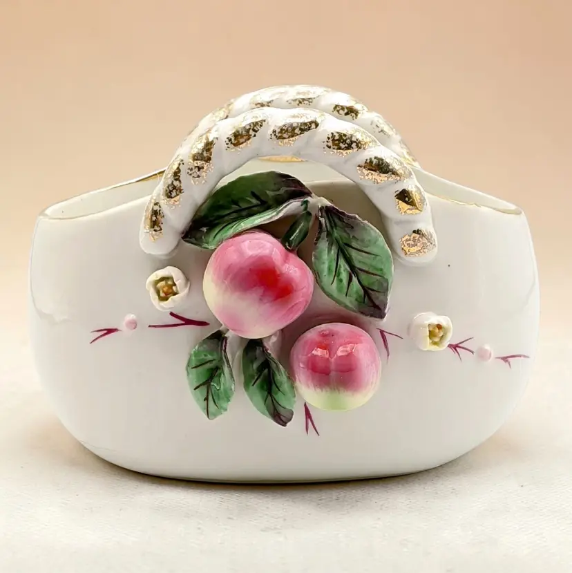 Vtg 3D Fruit Cherries Gold Gilded Porcelain Trinket Planter Basket Vase Japan