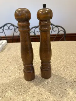 Vintage wooden salt, shaker, and pepper grinder, made in Japan