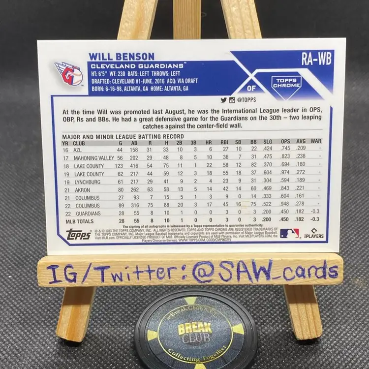 Will Benson 2023 Topps Chrome Auto /299 Cleveland Guardians