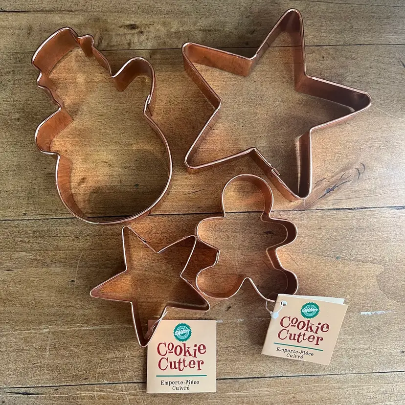 Set Of Four Wilton Cooper Plated Cookie Cutters, Wilton Metal Cookie Cutters Variety, Star Cookie Cutter, Snowman Cookie Cutter, Gingerbread Man Cookie Cutter, Christmas Cookie Cutters