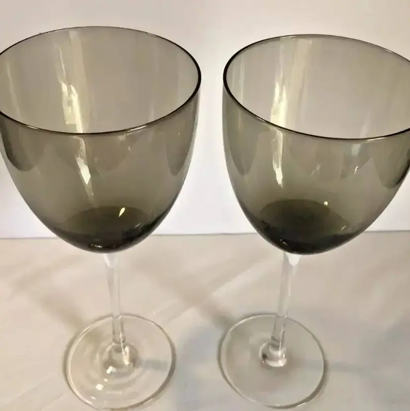 Set 2 Smoke Gray & Clear Large Wine Glasses Goblets Stemmed 9" Tall Barware Mod