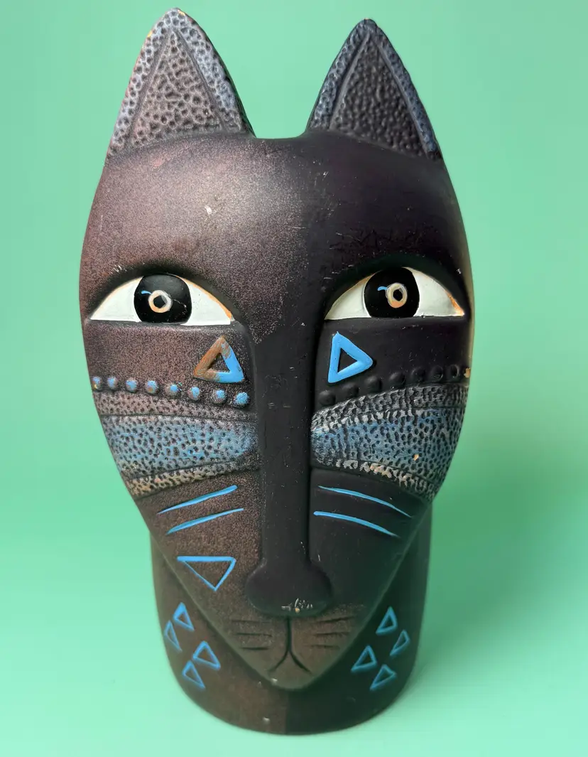 Vintage Laurel Burch Penco Label Artsy Art Pottery Cat Planter Folk Ethnic Mask