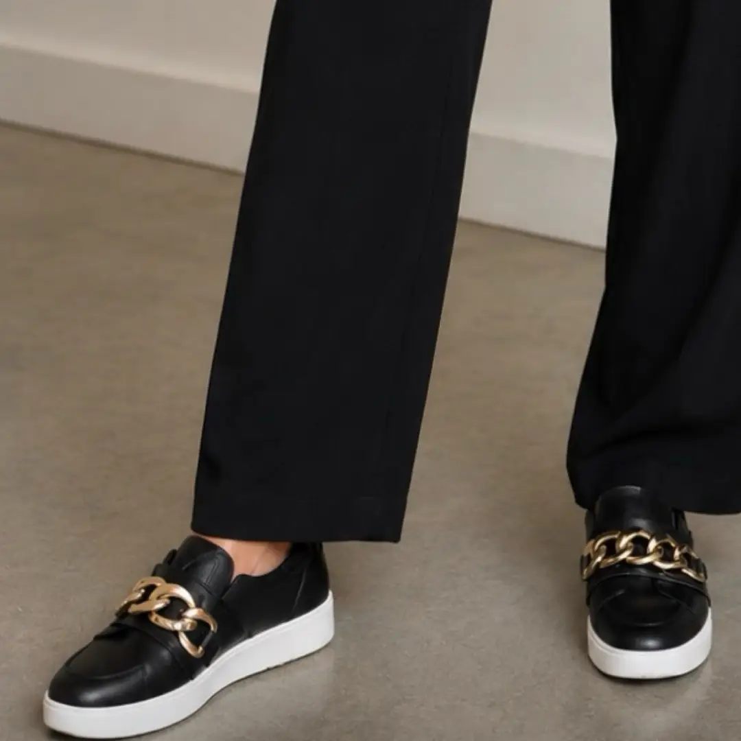 Django & Juliette Black Leather Chain Detail Slip-On Sneakers