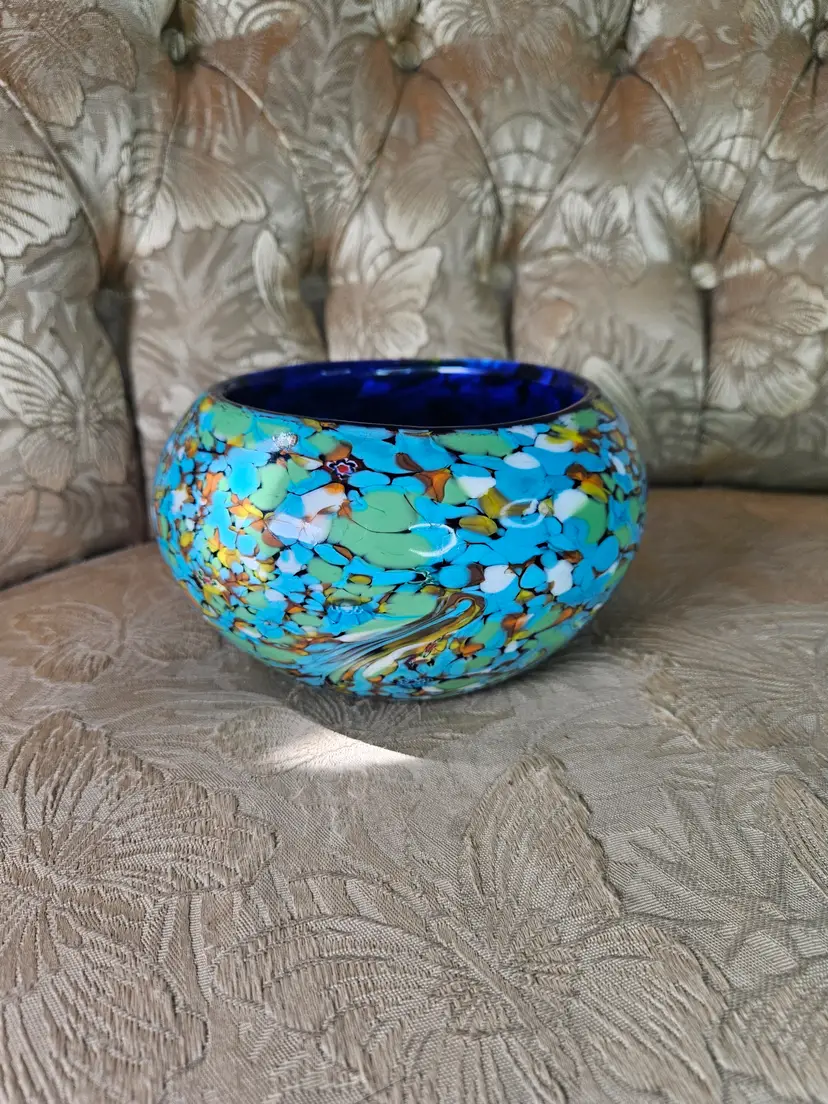 Vintage Art Glass Bowl Colorful Confetti Splatter And Colbalt Blue Inside