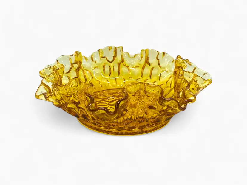 Fenton Amber Candy Dish Ruffled Thumbprint Bowl Crimped Edge 7-1/5"