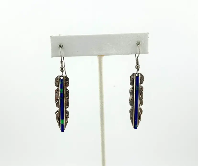 Vintage Unmarked Sterling Silver Azurite-Malachite Navajo Feather Earrings 2.25β Long