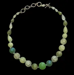 Vintage Monet GoldTone Hand Knotted Green Glass Bead Necklace 18”