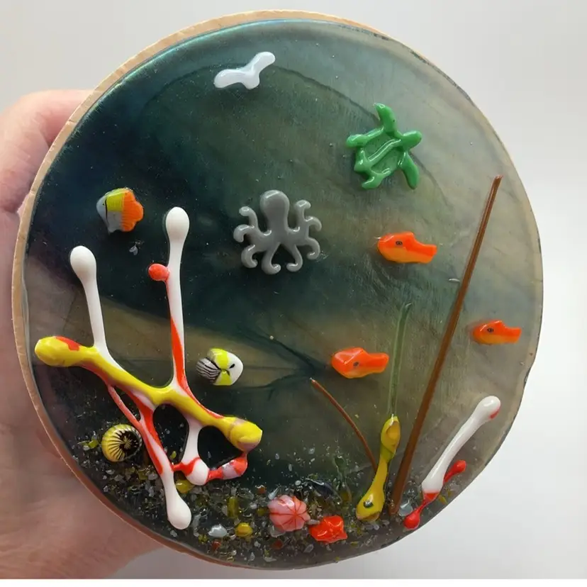 #02 Made by Me! Fused Glass 3D Ocean Panel on Glass Canister 6.25"T x 4"D Handcrafted Studio Art