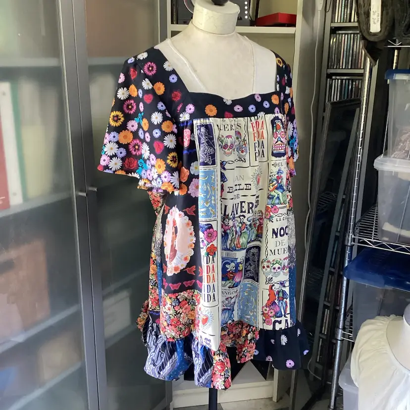 Hand Made Dia De Los Muertos/Frida Kahlo Inspired Patchwork Tunic Top