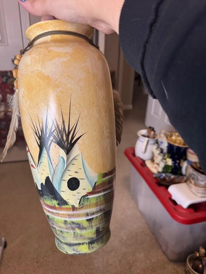 13” Hand-painted vase with a desert and tipi village scene