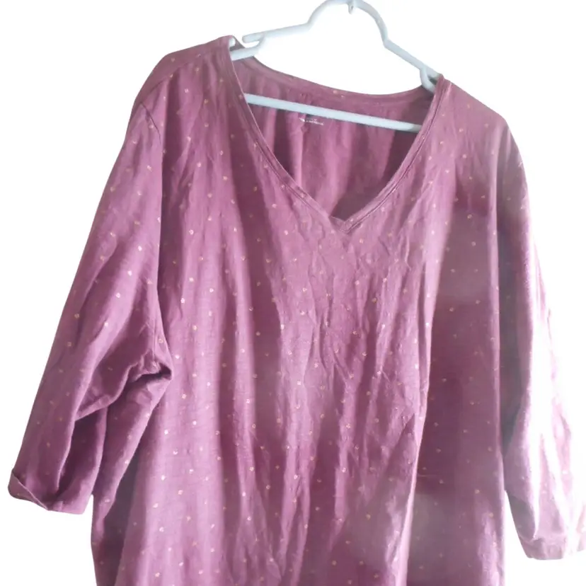 Catherines Size 3x 26/28 W Purple gold polka dot Print knit shirt 3/4 sleeve