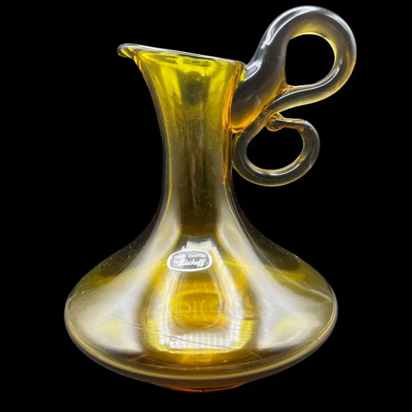 #260B Vintage MCM Honey Amber Bischoff Blown Glass Pitcher With Fancy Double Loop Handle
