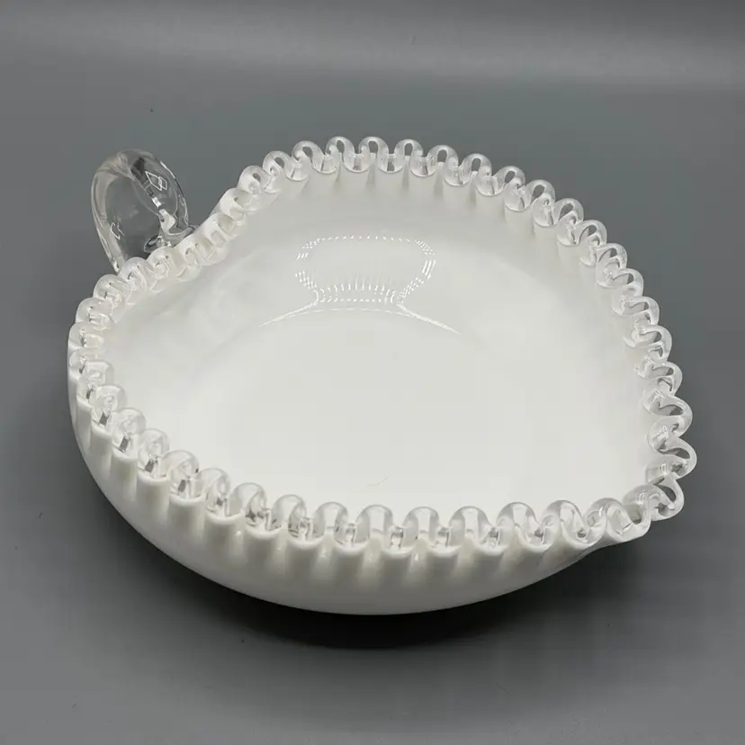 Fenton Glass Silver Crest Heart Nappy Relish Dish Handled Candy Bowl Crimped Edge 7-1/2”