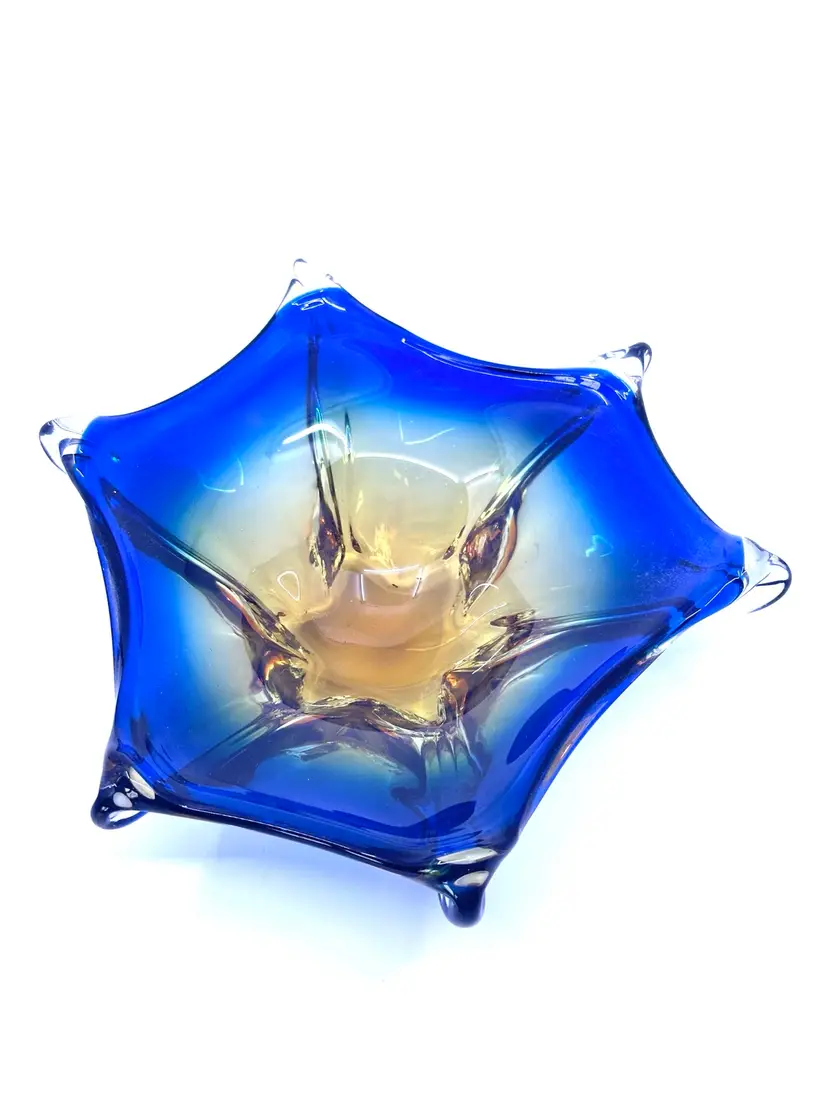 Vintage Art Glass Hand Blown Cobalt Blue Amber Freeform Dish Bowl