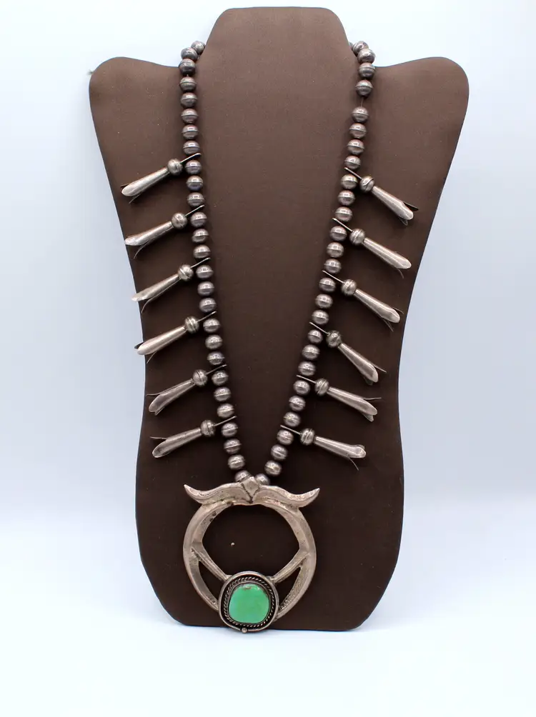 Vintage sterling silver handmade Navajo pearls and turquoise Naja pendant  22" necklace 162g