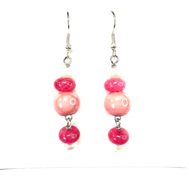 Pink Stone Ceramic Beads Handmade Dangle Earrings Silver Tone 2” L Made By Me