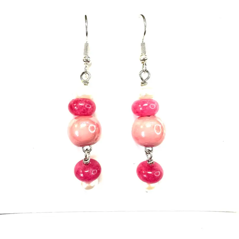 Pink Stone Ceramic Beads Handmade Dangle Earrings Silver Tone 2” L Made By Me