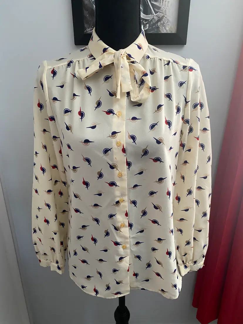 Vintage Schrader Sport Long Sleeve Off White Designed Blouse with Neck Tie/Bow Medium