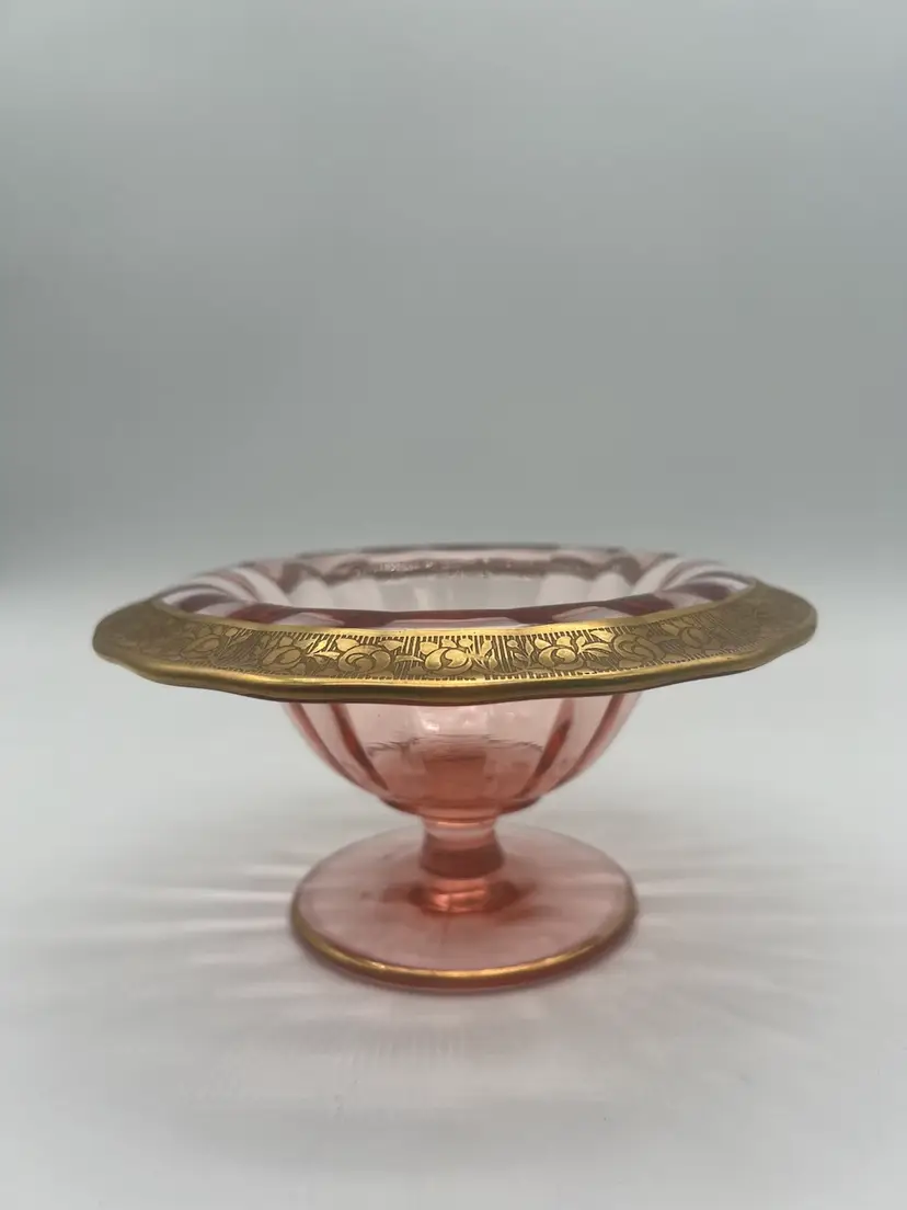 Vintage Heisey Pink Glass Compote With Gold Floral Embossed Rim