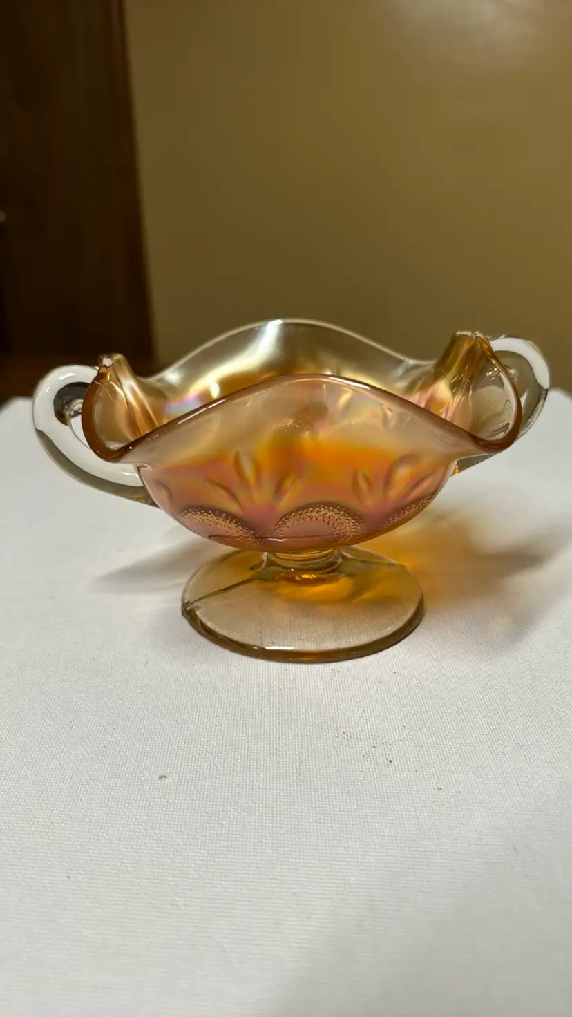 Dugan Glass Question Marks Marigold (Carnival) handled pedestal bowl 3.75” tall