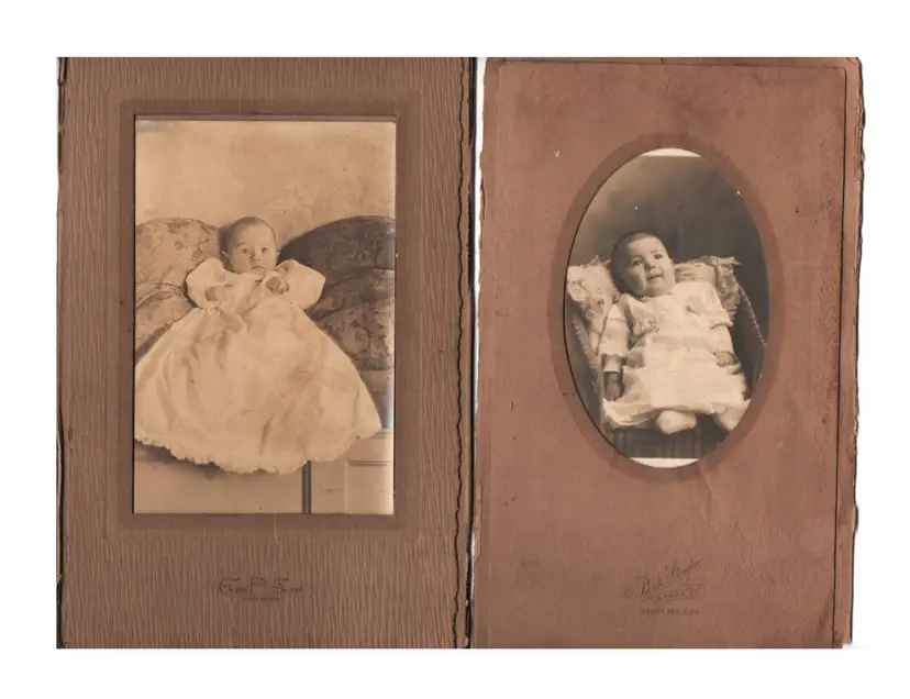 2 Antique Black And White Photos Infants Edwardian Era Cardboard Frames Studio Information