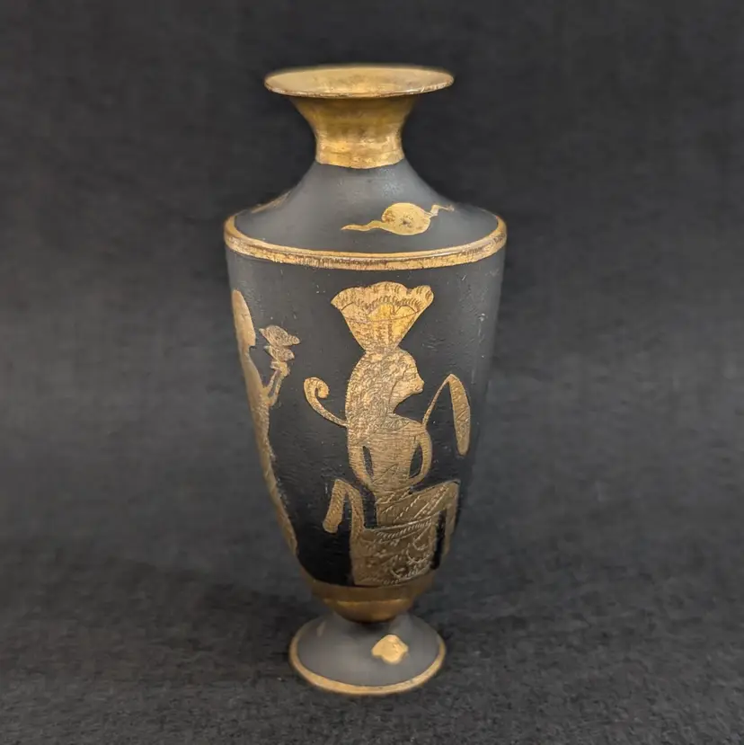 Vintage Parcel Gulit Bronze Miniature Bud Vase Etched Egyptian Revival Motif 4"