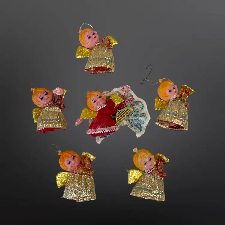 Vintage Kitschy Flocked Plastic Blow Mold Angel Ornaments - Lot Of 6 Marked Hong Kong