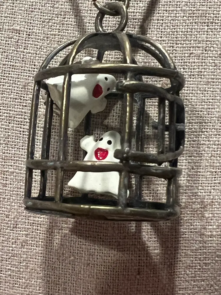 #B7- Clip On Ghost Earrings Caught In A Cage Pendant