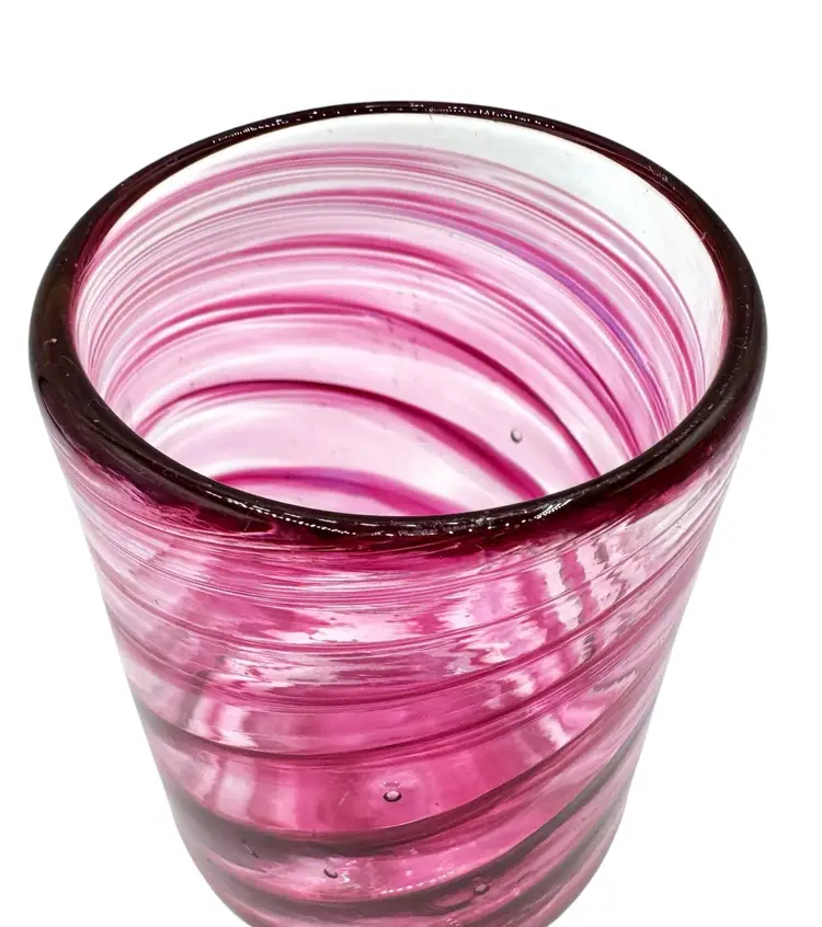 Signed DSR Handblown Studio Art Glass Drinking Tumbler Cup Cranberry Pink Swirl