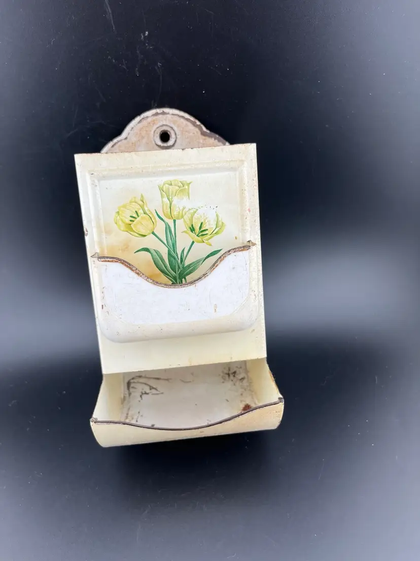 Metal Match Box Holder W/ Yellow Tulip Design. Has Pocket For Used Matches.