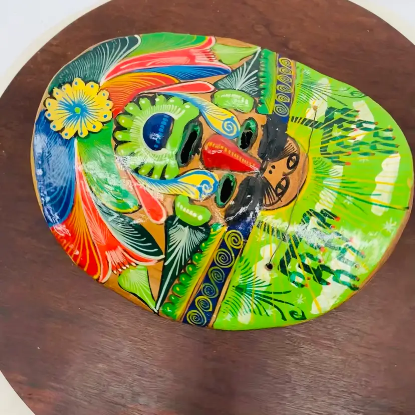 #3041 Mexico Hand Painted Pottery Face Mask Wall Hanging 1988