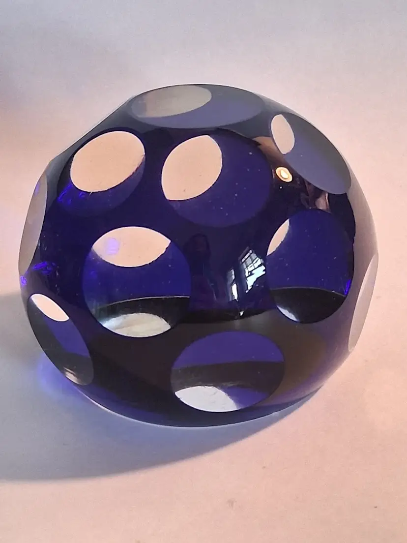 Vintage Bohemian Cobalt Cut To Clear Faceted Paperweight