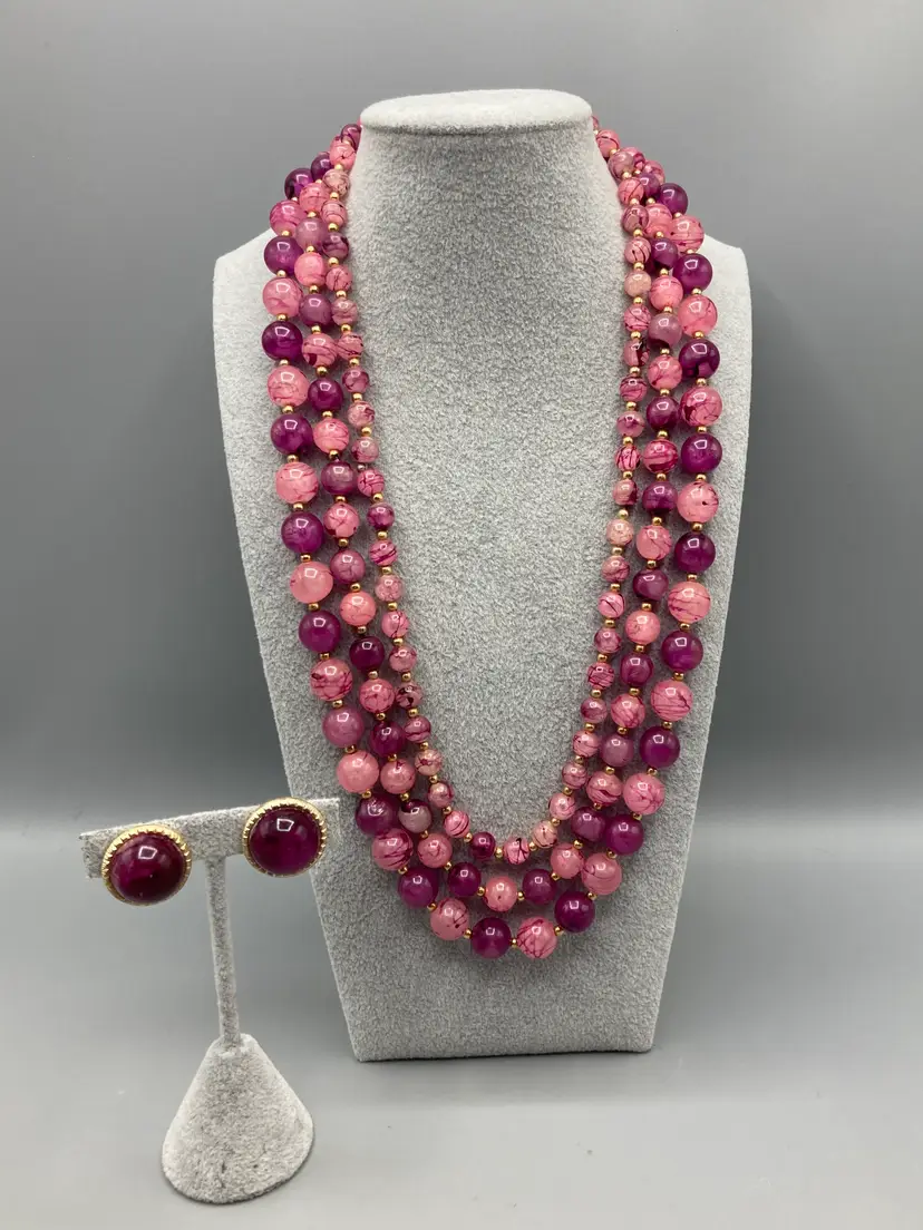 Vintage Purple and Pink Beaded 3 Strand Necklace and Clip-on Earrings Goldtone - Made in Hong Kong
