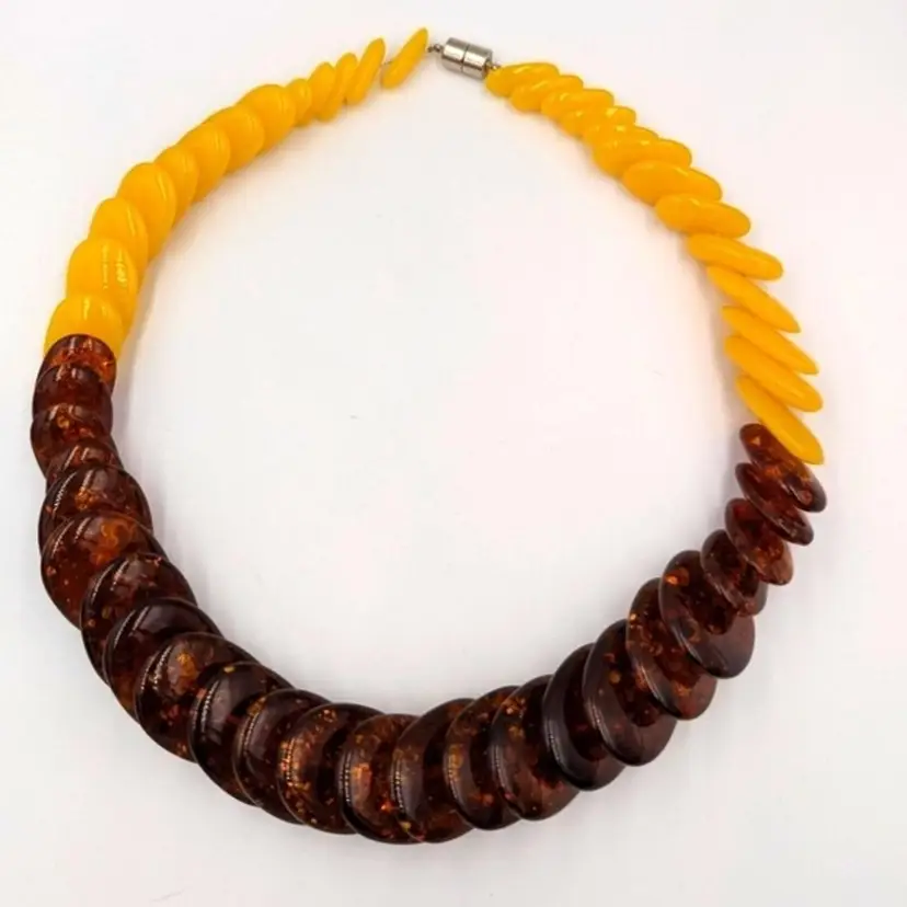 LARGE Graduated COGNAC & EGG YOLK Reconstituted AMBER DISCS RUNWAY NECKLACE 23"