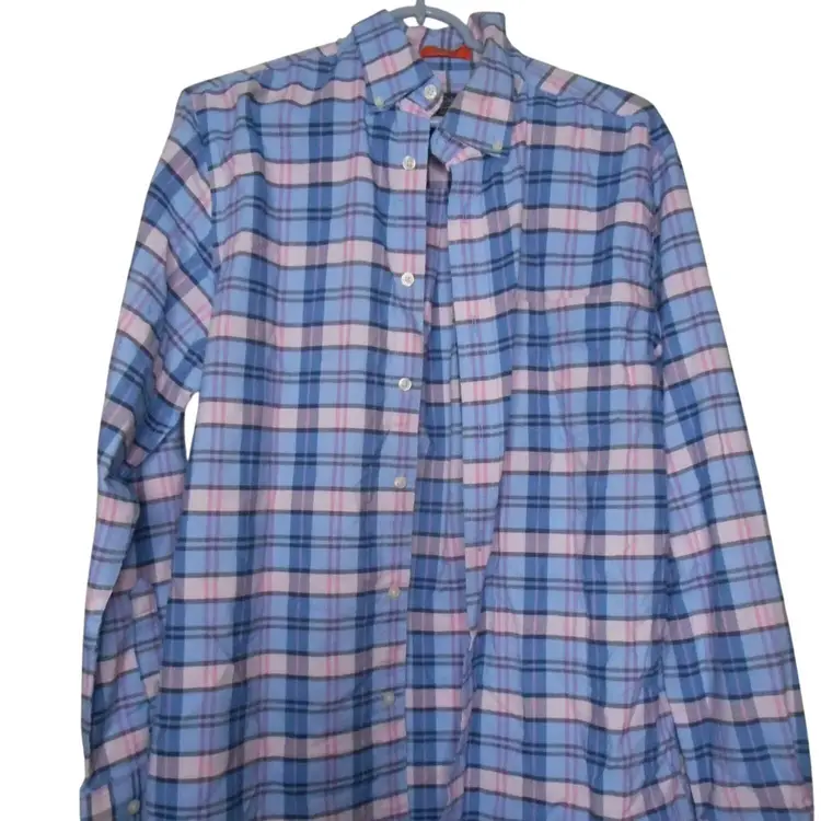 St John's Bay Size M Pink Black Blue Plaid long sleeve button down Shirt cotton blend