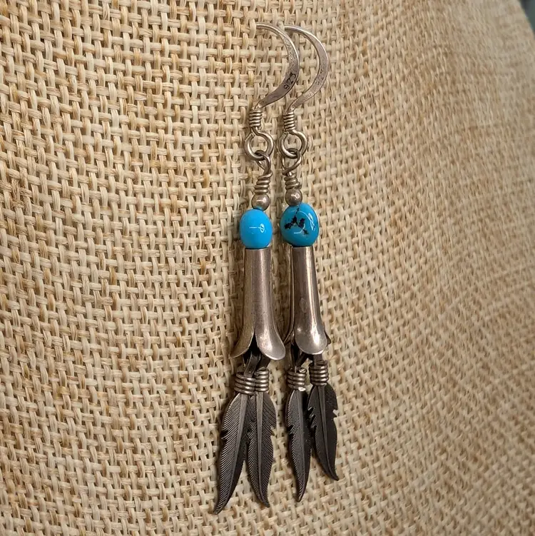 Southwestern Dangle Earrings Sterling Silver Turquoise Squash Blossom Feathers