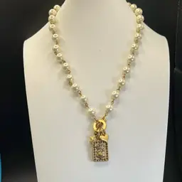 Cabi Folk Pearl Necklace With Charms Toggle Clasp 18” Long