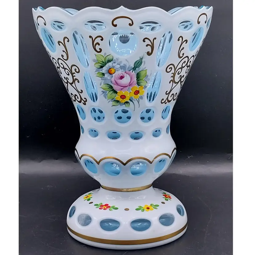 Vintage Bohemian Czech White Cut to Light Blue Hand Painted, Large Vase