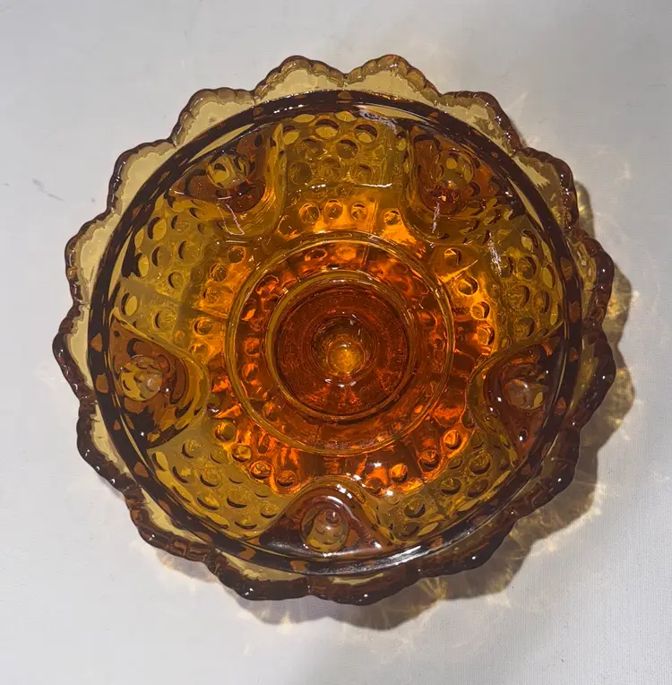 FENTON Hobnail Glass Pedestal Candle Holder Bowl Olive Amber 6.5” diameter