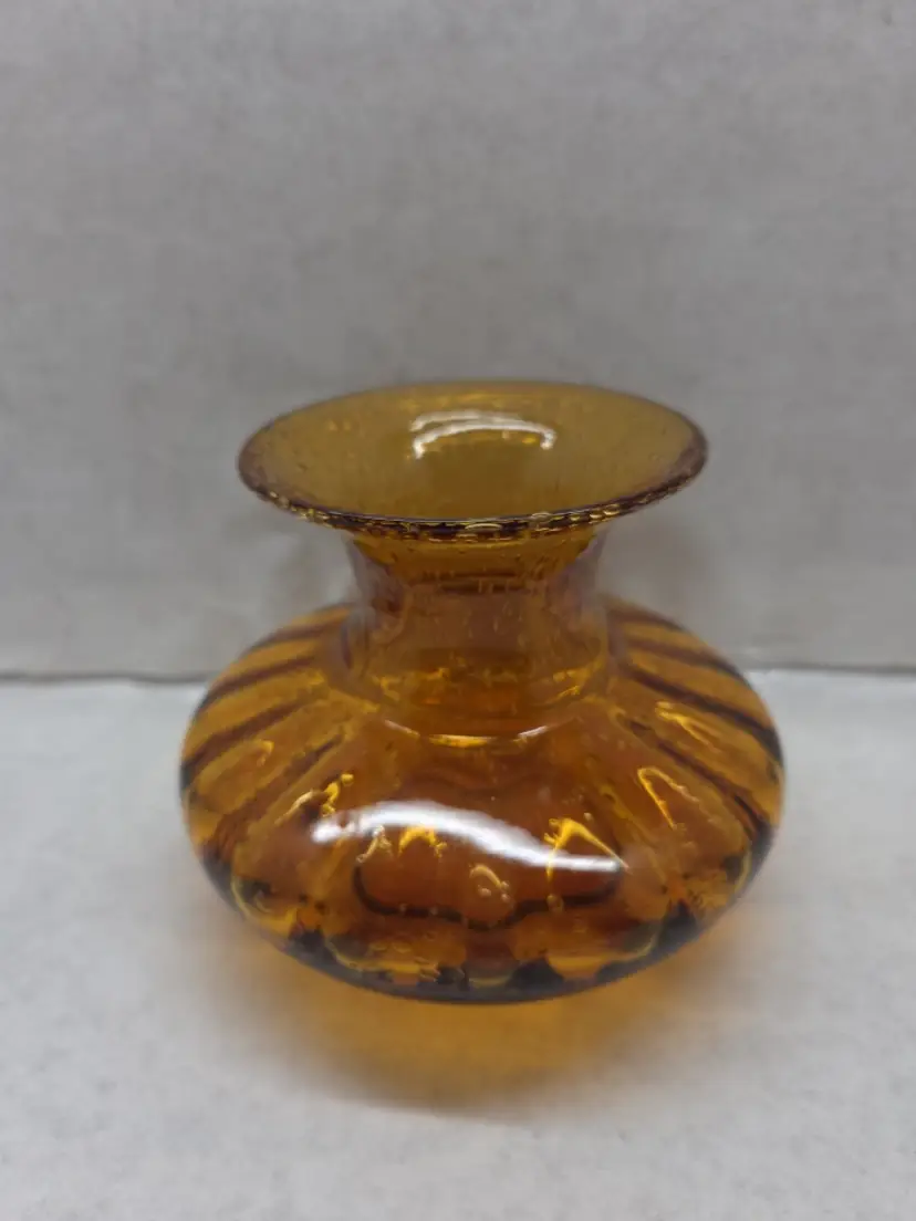 Amber Ribbed Glass Vase Flared Top And Controlled Bubbles