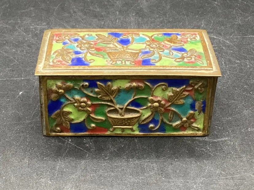 Vintage Chinese Cloisonné Brass Stamp Box, 1.25x3x1.75”