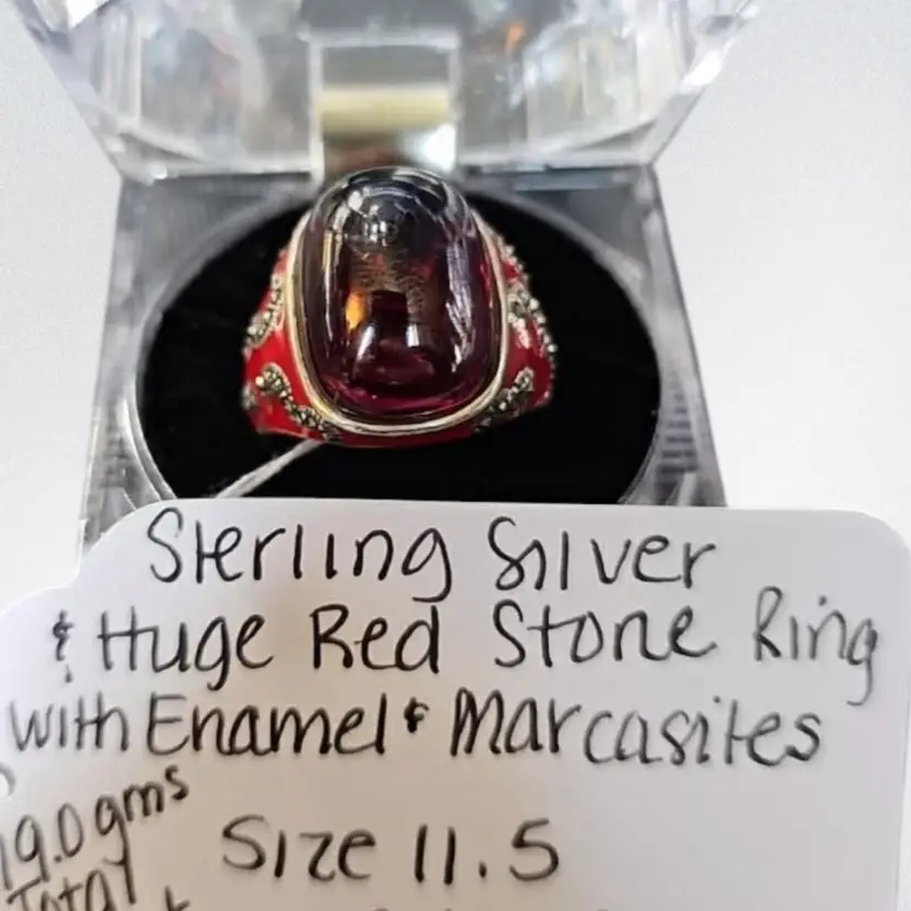 Sterling Silver With Huge Red Stone In Enamel With Marcasites Ring -Size 11.5